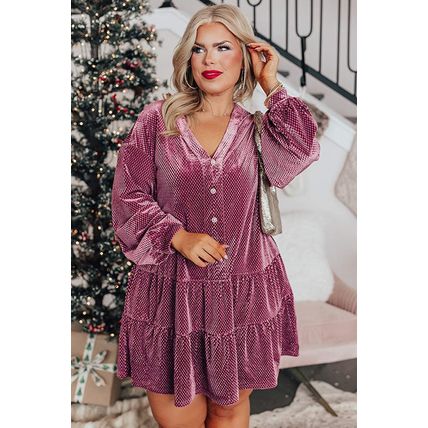 Meadow Mauve Plus Size Textured Velvet Tiered Button V Neck Dress