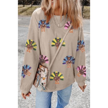 Smoke Gray Turkey Graphic Corded Baggy Sweatshirt