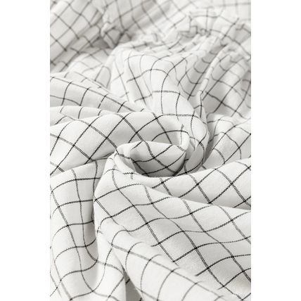 White Stripe Checkered Frilled V Neck Bracelet Sleeve Babydoll Dress