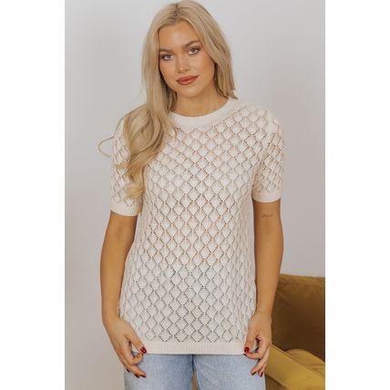 Beige Hollow Out Crochet O Neck Short Sleeve Sweater Tee