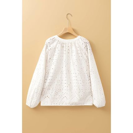 White Eyelet Embroidered Puff Sleeve V Neck Blouse