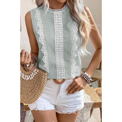 Green Stripe Lace Patchwork Crew Neck Tank Top