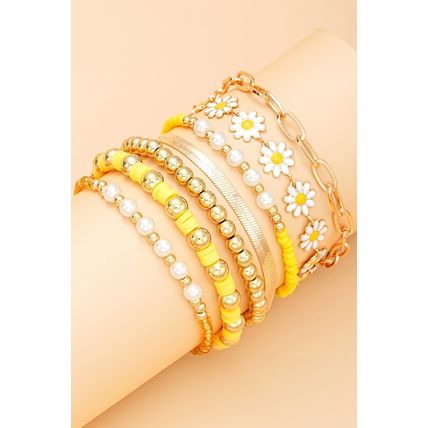 Gold Daisy Beaded Chain Adjustable Multi Layer Bracelet Set