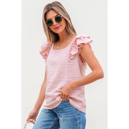 Gossamer Pink Textured Bow Knot Frilled Butterfly Sleeve Blouse