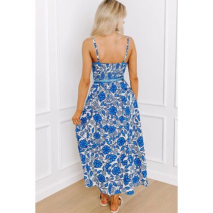 Blue Floral Printed Spaghetti Strap Maxi Dress with Waist Tie