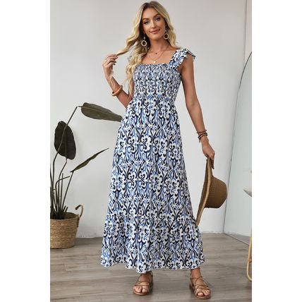 Sky Blue Boho Print Smocked High Waist Maxi Dress