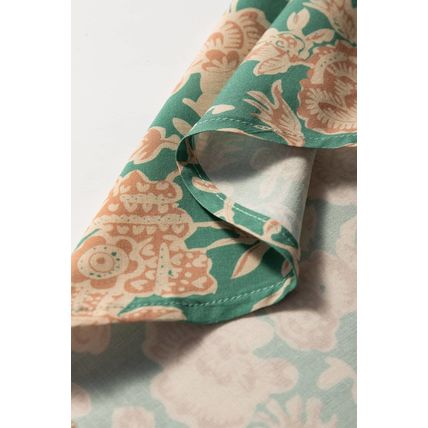 Green Floral Print Pleated Buttoned V Neck Short Sleeve Blouse