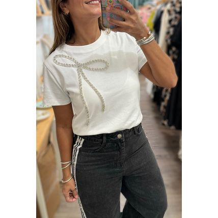 White Rhinestone Bow Embellished Round Neck Tee