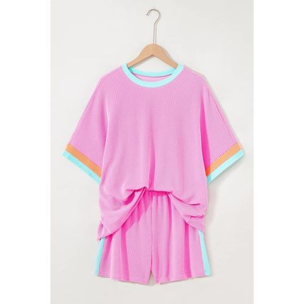 Bonbon Plus Size Color Block Corded Knit Tee and Shorts Set