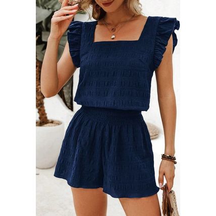 Dirty blue Textured Square Neck Top and Shirred High Waist Shorts Set