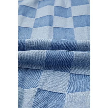 Sky Blue Checkerboard Splicing Raw Detail Oversized Denim Pullover