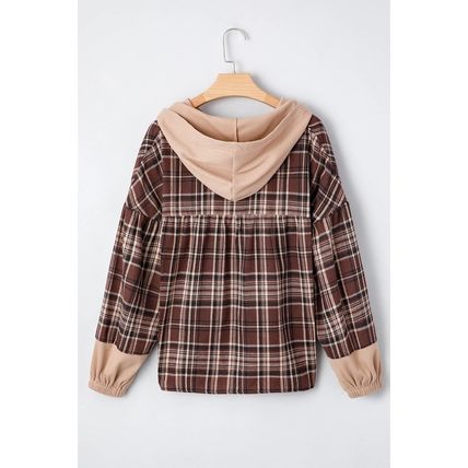 Brown Plaid Patchwork Long Sleeve Button Hooded Blouse