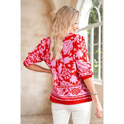 Strawberry Pink Abstract Floral Print Tie Neck Button Decor 3/4 Sleeve Blouse