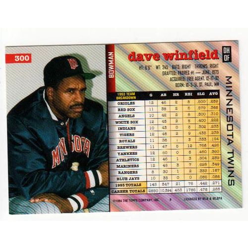 1994 Bowman baseball Dave Winfield card #300 - NM - HOF-Twins
