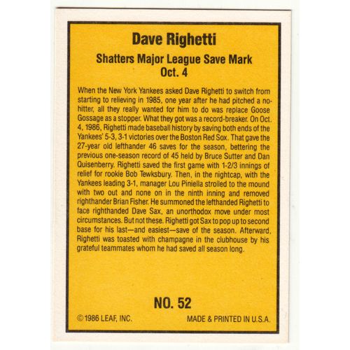 1986 Donruss Highlights baseball card 52 Dave Righetti - Yankees
