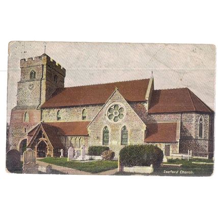 SEAFORD CHURCH, SUSSEX used antique postcard 1910 postmark #