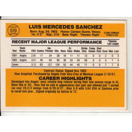 1983 Donruss baseball card 519 Luis Sanchez