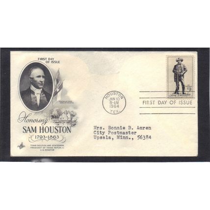 FDC Art Craft 1242 5c Sam Houston (Cachet-Typed/A) CV39262