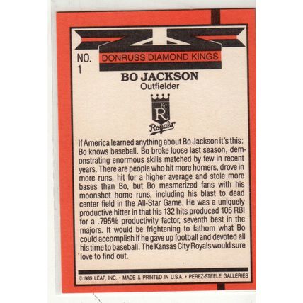 1990 Donruss baseball Bo Jackson card 1- NM - Royals Diamond King