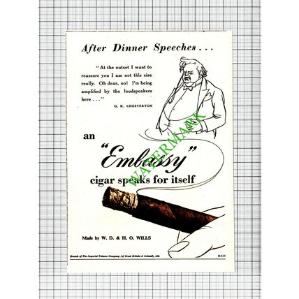 G K Chesterton Embassy Cigar Small Advert - 1952 Cutting