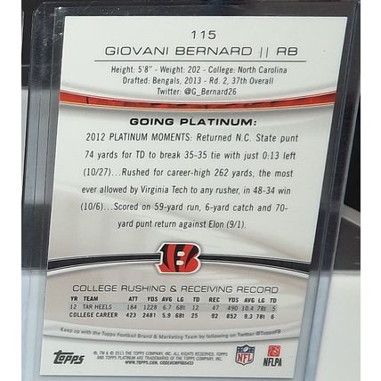 2013 Topps Platinum GIOVANI BERNARD (Bengals) Refractor Rookie Card #115