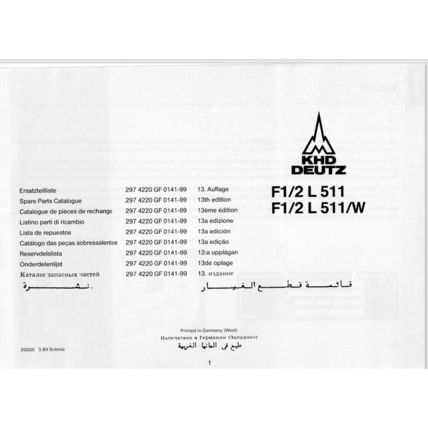 KHD Deutz FL511W Parts Catalogue 13th Edition 1989 2974220 PDF