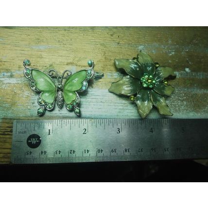 Butterfly Pin Green Crystal Rhinestones and Flower 2"