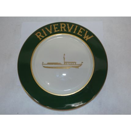 Rare Vintage 1940's Buffalo China Decorative Riverview Green Gold Plate Boat