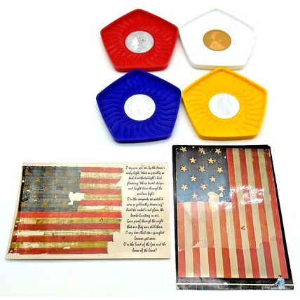 Vintage 70's American Coin Coasters Plastic 3.5 In & Two American Flag Postcards