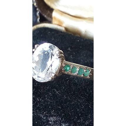 Vintage 1980-s 925 Sterling Silver Zircon and Emeralds Ring Size US 7, UK O