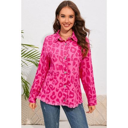Pink Leopard Print Button Cuffs Raw Hem Jacket