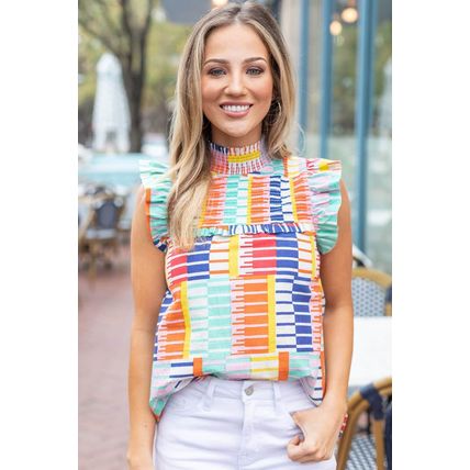 Multicolor Striped Print High Neck Flutter Top