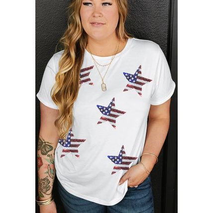 White Sequin American Flag Star Pattern Plus Size Tee