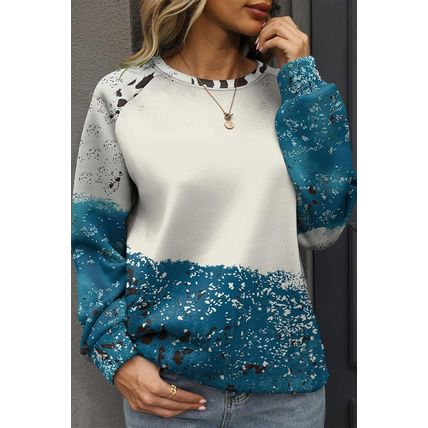 Blue Tie Dye Cow Color Block Pullover Sweatshirt