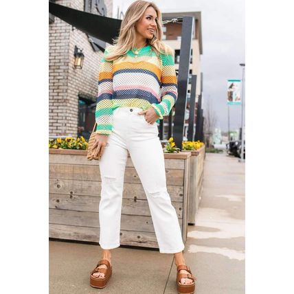 Green Colorblock Patchwork Knit Crochet Eyelet Sweater