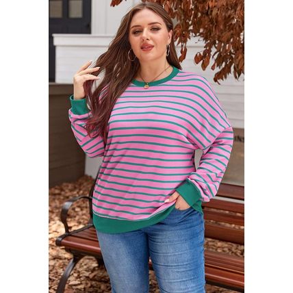 Pink Stripe Waffle Knit Crew Neck Plus Size Sweatshirt