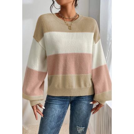 Dusty Pink Color Block Lantern Sleeve Drop Shoulder Sweater