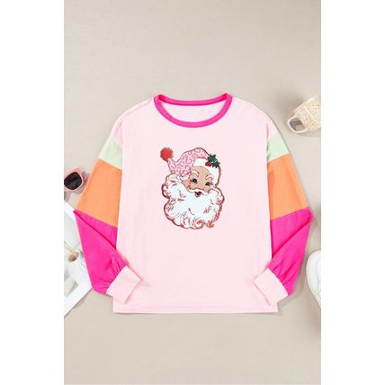 Pink Christmas Santa Claus Graphic Colorblock Patchwork Top