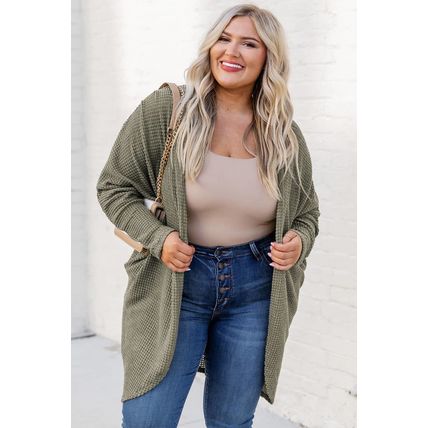 Seagrass Waffle Knit Drop Shoulder Open Front Pocketed Plus Size Cardigan