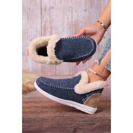 Blue Suede Stitching Patchwork Plush Lined Anklet Boots