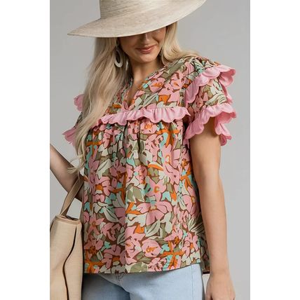 Multicolour Floral Tiered Ruffled Short Sleeve Blouse