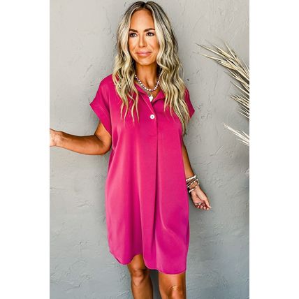 Rose Red Buttoned Collar Shift T-shirt Mini Dress