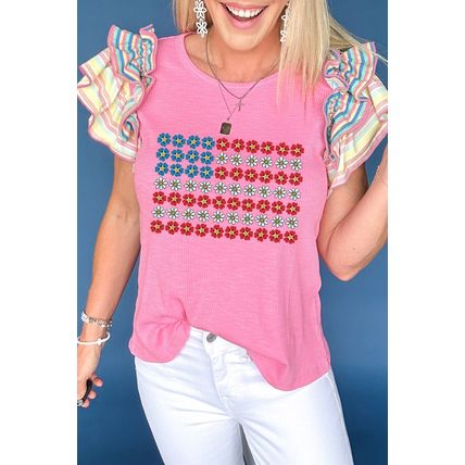 Bonbon Flower Graphic Striped Ruffled Short Sleeve Ribbed Knit Top