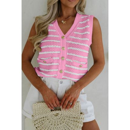 Pink Stripe V Neck Gold Buttons Elegant Sweater Vest