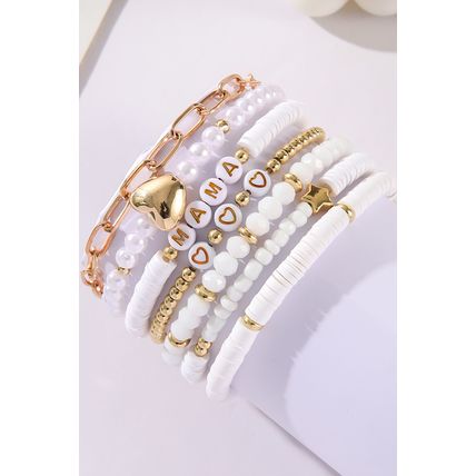 White MAMA Heart Pearl Beaded Chain Multi Layer Bracelet