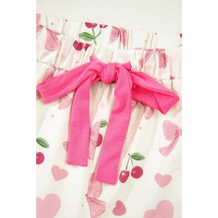 Beige Bow Fruit Print Contrast Pipping Short Pajamas Set