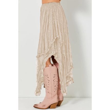 Apricot Lace Cascading Tiered High Waist Maxi Skirt