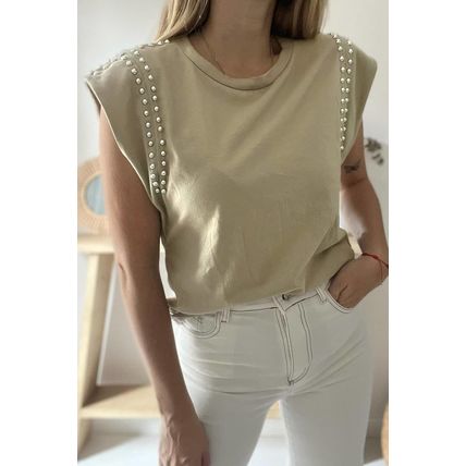 Sage Green Studded Cap Sleeve Round Neck T Shirt