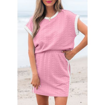 Pink Contrast Trim Textured Crewneck Tee and Pocketed Skirt Set
