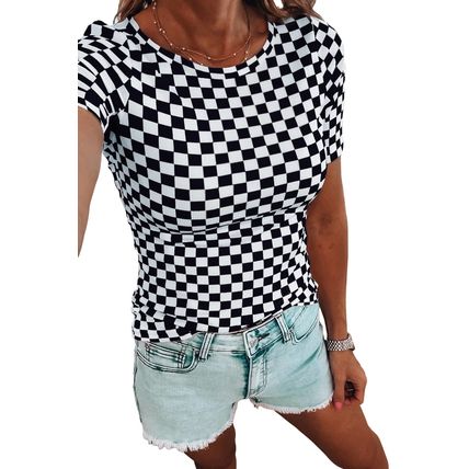 Black Checkered Ribbed Slim Fit Crew Neck T Shirt